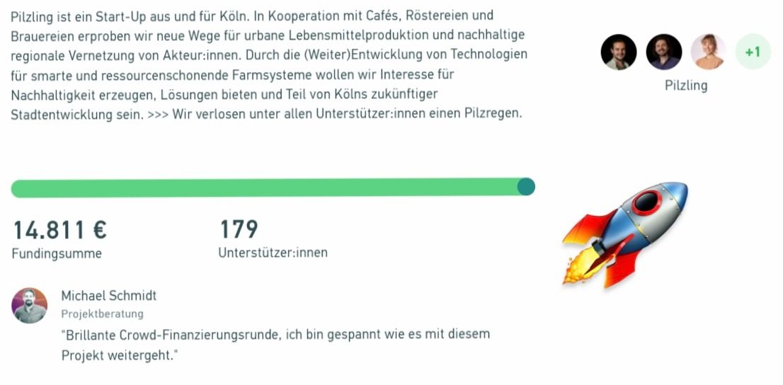 Crowdfunding-Kampagne für den Neustart von Pilzling — Ziel 12.500 €, erreicht 14.811 €